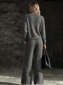 LUMIGAL Women's 2 Pieces Set: Round Neck New Chinese Style White Cardigan With Frog Buttons, Long Sleeves, Ribbed Cuffs, Vertical Ribbed Knit, And High-Waist Elastic Wide-Leg Pants - Grey - View 2