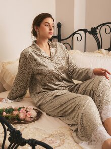 Côtesoire South France Elegant Romantic Leopard Print Open Front Long Sleeve Pants Plus Size Pajama Set - Apricot - View 5