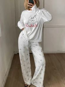 DAZY Cute Black And White Loose Long Sleeve T-Shirt Straight Leg Long Pajama Pants 2pcs Set Women's Sleepwear Sleep Home Fall Casual - Grey - View 6