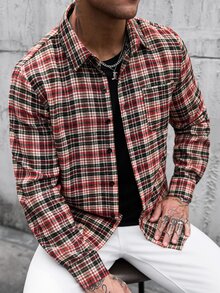 Manfinity CasualCool 男士格紋口袋單排扣長袖時尚襯衫 - 彩色 - 查看 4