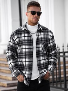 Manfinity CasualCool 男士長袖單排扣格紋襯衫外套，正式款 - 黑與白 - 查看 3