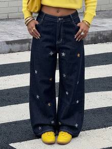 Dazy Tall Women's Star Decor Street Casual Straight Leg Jeans - Dark Wash - View 4