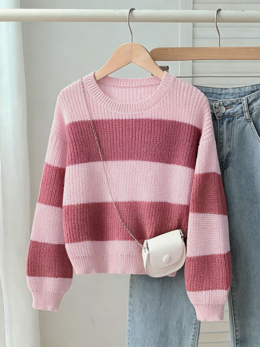 SHEIN 女童針織毛衣,青少年女孩圓領卡其色與咖啡色條紋套頭毛衣,設計感針織毛衣,柔軟針織,簡約內搭層,適合秋冬,休閒長袖上衣,適用於外出、派對、拍照與玩耍 - 彩色 - 查看 1