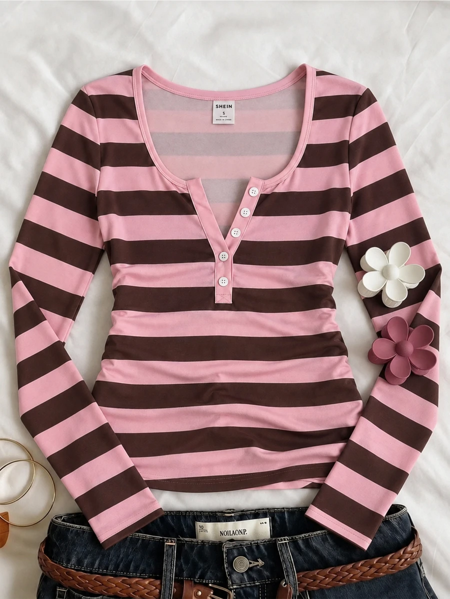 Tween Girl Striped Long Kids Sleeve Casual Versatile T-Shirt With Faux Button Design - White - View 1