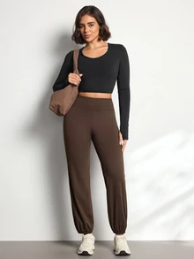 Easithlete Easithlete Women's Solid Color Casual Daily Wear Sports Leggings - Brown - View 2