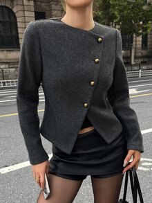 DAZY Women's Street Style Elegant Button Long Sleeve Overcoat - Dark Grey - View 2