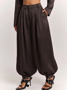 SHEIN BAE 女款休閒百搭深灰色條紋西裝長褲，通勤休閒穿搭，日常街頭風 - 棕色 - 查看 5