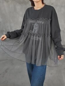 FRIFUL 女款字母貓咪印花圓領長袖拼接波點白色網紗荷葉邊休閒T恤，日常夏季穿搭 - 灰色 - 查看 3