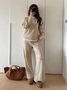 Livesso Women's Solid Color Long Sleeve Top And Pants Knit Two Pieces Set - Beige - View 6