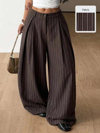 Coolane Women's Fall Winter Boho Business Casual Vacation Streetwear Office Outfits Going Out Vintage Brown Striped Baggy Wide Leg Pants