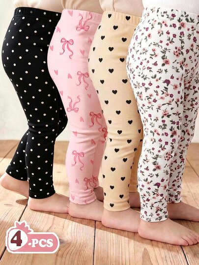 Baby Girl 4pcs Bottoms Cute Sweet Polka Dot Floral Heart Bow Print Long Pants Leggings Soft Fabric Suitable For Christmas Autumn Winter
