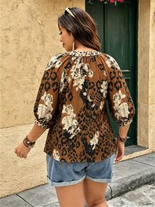 Linhara Fashion Casual Vacation Vintage Elegant Commute 3/4 Sleeve Blue Printed Blouse - Multicolor - View 2