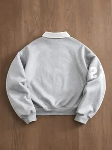 TOKVUE Men's Half-Zip Pullover Sweatshirt, Black Sweatshirt With Contrast Collar, Contrast Letter Badge Print Design, Loose Drop Shoulder Short Fit, American Retro Casual Pullover Sweatshirt, Suitable For Outings, Commuting, Street Style, Home, Travel, Daily Wear, Etc. - Grey - View 2