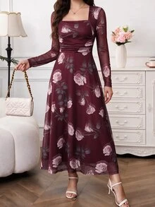 Amorya 女款花卉印花方領長袖優雅洋裝 - 酒紅色 - 查看 3