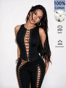 BamGleam 2026新款女款春夏秋性感修身純棉舒適上衣，純棉材質，前綁帶設計可提升胸部，時尚休閒風格 - 黑色 - 查看 1