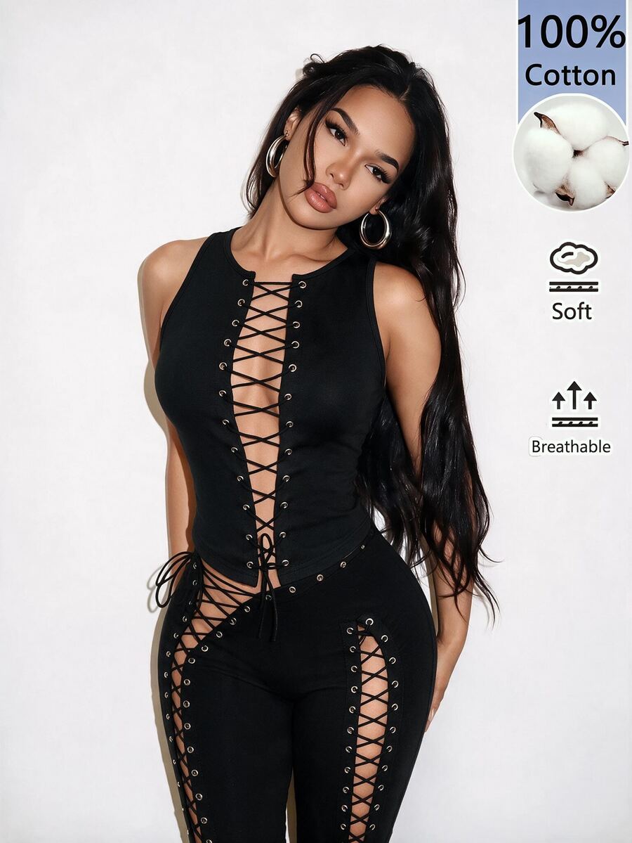 BamGleam 2026新款女款春夏秋性感修身純棉舒適上衣,純棉材質,前綁帶設計可提升胸部,時尚休閒風格 - 黑色 - 查看 1