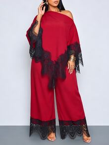 SOLERSUN Plus Size French Style Asymmetric Hem Asymmetrical Shoulder Top And Lace Patchwork Loose Long Pants 2 Pieces Set Fall - Red - View 3