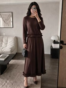 Modelyn Women's Autumn/Winter Coffee Color Pleated Knit Frill Trim Long Sleeve Maxi Dress 2 Pieces Set - Coffee Brown - View 3