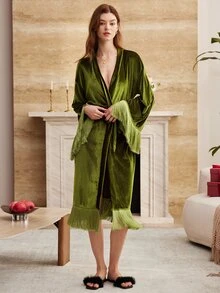 Moireta Women's Shiny Velvet Willow Long Robe - Dark Green - View 3