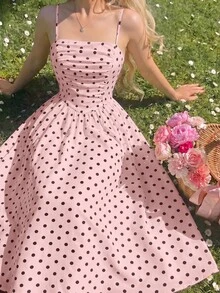 SHEIN MOD 復古法式經典抓皺黑白波點細肩帶中長洋裝 度假夏季款 - 淺粉色 - 查看 4