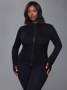 Voyena Women's Plus Size Polka Dot Long Sleeve Zipper Front Sports Jacket - Black - View 4