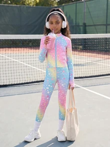 SHEIN 青少年女孩星星印花拉鍊長袖運動 Y2K 夾克與緊身褲瑜伽健身套裝 粉色 秋季度假機場穿搭 - 彩色 - 查看 5