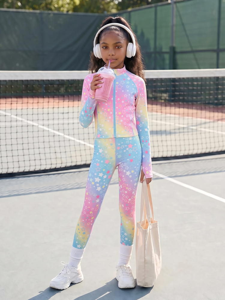 SHEIN Tween Girl Star Print Zip-Up Long Sleeve Sports Y2k Jacket And Leggings Yoga Gym Set Pink Fall Vacation Airport - Multicolor - View 5