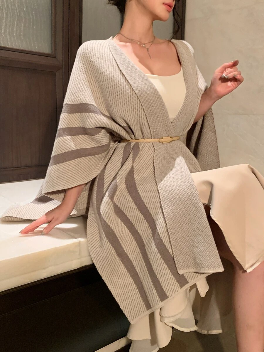 DAZY Women's Striped Batwing Sleeve Elegant Shawl Cardigan Winter - Blue - View 1