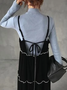 FRIFUL Gaun Pesta Kasual Wanita dengan Motif Blok Warna dan Tali Bahu Tipis - Hitam - View 3