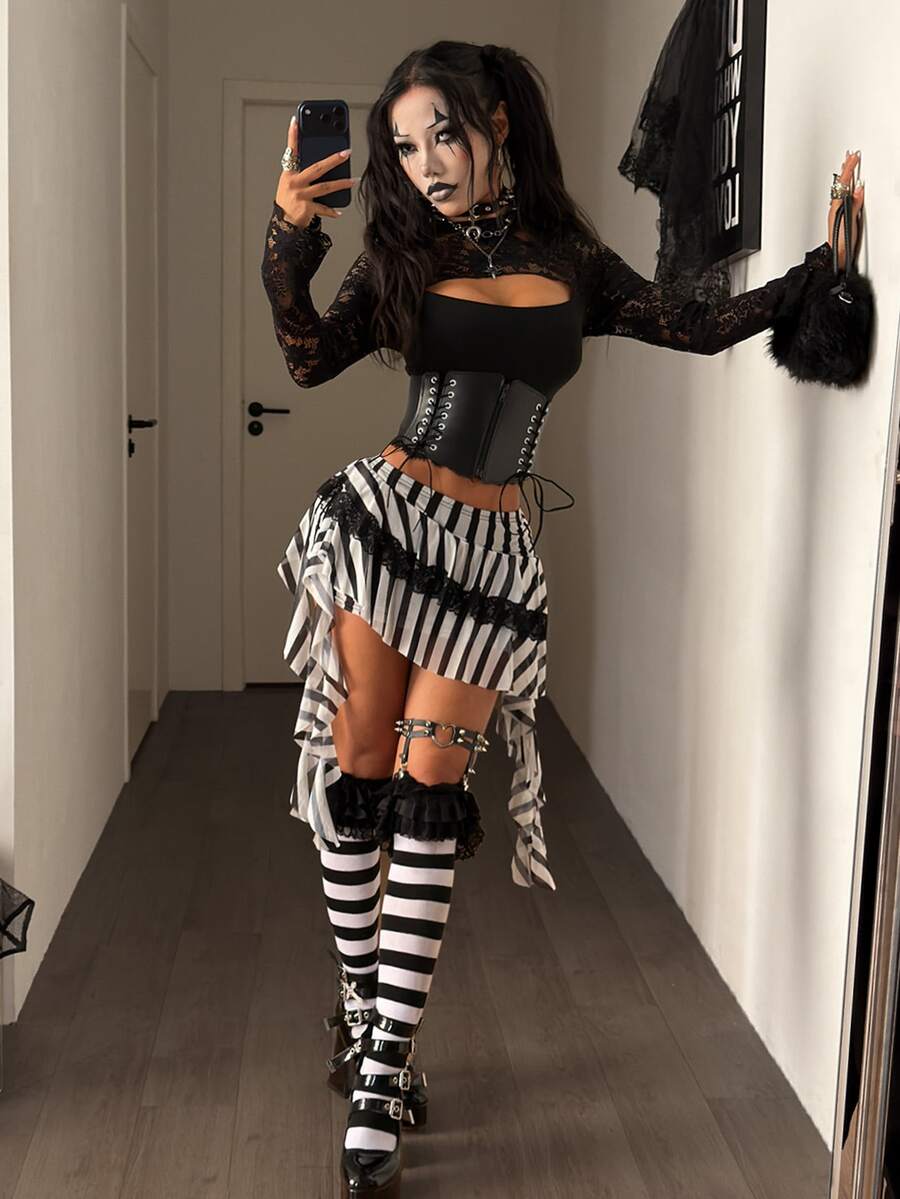 Coolane 女款秋冬條紋對比蕾絲不對稱下擺時尚裙,萬聖節 Cosplay - 黑與白 - 查看 1