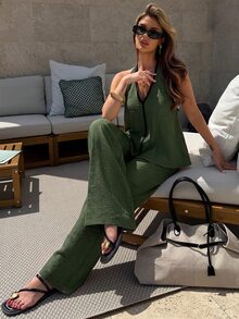 Firerie 女款拼色掛脖上衣與長褲休閒日常兩件套 - 軍綠色 - 查看 4