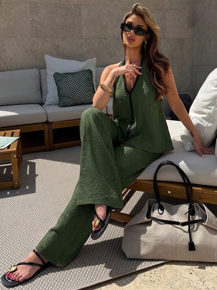 Firerie Women's Colorblock Halter Top And Long Pants Casual Daily 2 Pieces Set - Army Green - View 4
