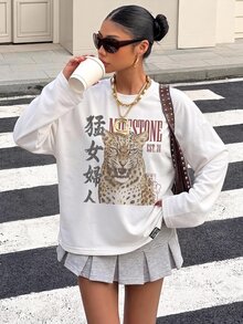 Muchica 女款豹紋圓領長袖T恤，適合日常通勤與外出 - 彩色 - 查看 4