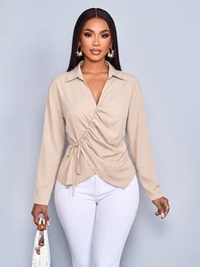 SOLERSUN Women's Lapel V-Neck Wrap Blouse Long Sleeve Ruched Side Tie Draped Shirt,Drawstring Ruched Waist ShirtElegant Casual Office Work Tops - Apricot - View 3