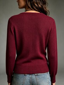 LUMIGAL Women's Solid Color Overlap V-Neck Long Sleeve Side Waist Button Design Sweater - Burgundy - View 2