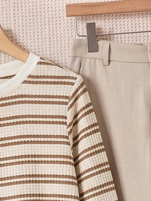 Miaspire Middle-Aged Women Striped Crew Neck Long Sleeve Top And Pants Casual Set - Apricot - View 4