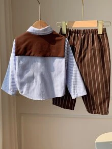 SHEIN 男嬰 4件組秋冬休閒學院風襯衫套裝，附披肩與腰帶，多件式冬季套裝，聖誕款 - 棕色 - 查看 2