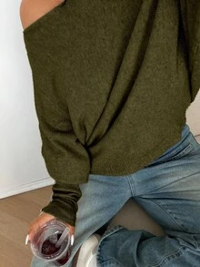 Sunnyshic Plus Size Sexy Off-Shoulder Solid Color Knit Sweater Fall - Green - View 7