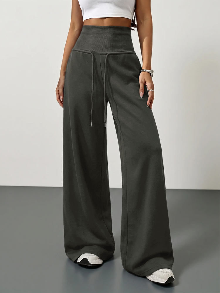 SHEIN Tall CURVE Plus Size Solid Drawstring High Waist Wide Leg Pants Homewear Vacation Gym Black Autumn Casual Soft - Dark Grey - View 7