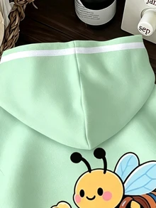 少女休閒極簡可愛蜜蜂圖案，甜美奶油風，青色，厚實柔軟舒適連帽衛衣，適合秋冬 Y2K，舒適秋冬風格，復古，卡哇伊 - 彩色 - 查看 3