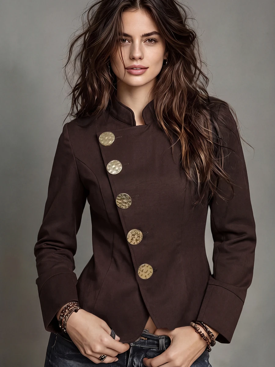 LUMIGAL Women's Stand Collar Asymmetrical Metal Button Waist-Cinching Blouse - Coffee Brown - View 1