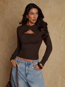 Glamine كنزة صوفية طويلة الأكمام بتصميم مفتوح للنساء موضة الشارع - قهوة بني - مشاهدة 6