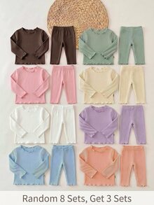 女嬰可愛休閒針織純色長袖上衣與鬆緊腰長褲 6 件套 - 彩色 - 查看 2