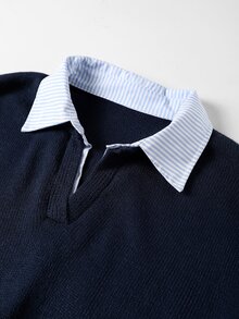 GlowEve CURVE Plus Size Striped Patchwork Collared Long Sleeve Pullover Sweater - Navy Blue - View 5