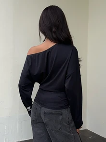 FavEase Women's Autumn Minimalist Asymmetrical Shoulder Casual Long Sleeve Tie-Front T-Shirt Top - Black - View 2