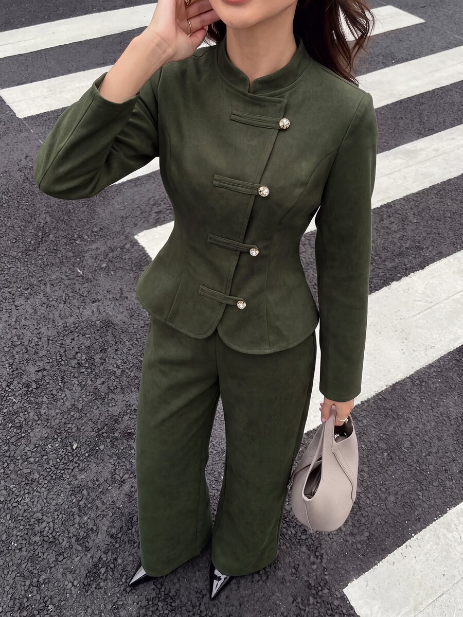 Modelyn 女款秋冬立領扣鈕襯衫搭配寬腿褲,軍綠色優雅兩件式拿破崙風辦公穿搭 - 綠色 - 查看 1