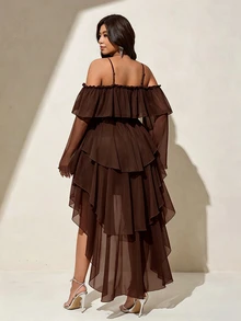 Viva Relle Plus Size Women Solid Color Cold Shoulder Bell Sleeve Multi-Layer Ruffle High-Low Hem Elegant Dress Fall - Brown - View 7