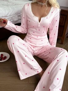 CottageSlumber Heart-Shaped Lace Trim V-Neck Slim Fit Women's Pajama Set - Pink - View 1