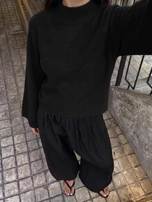 SHEIN BAE 新款半高領落肩袖寬鬆版型七分袖休閒百搭修身女款針織衫 - 黑色 - 查看 2