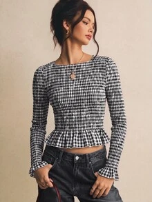 Poéselle 女款秋冬新款棉混紡黑白格紋抓皺彈性襯衫，休閒復古優雅街頭風，適合辦公室日常約會通勤上衣 - 黑色 - 查看 5